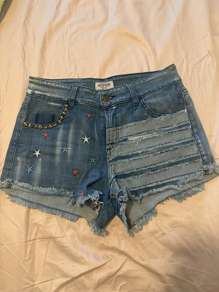 Guess Blue Denim Jean Festival Shorts With Star Embroidery And Studded Trim